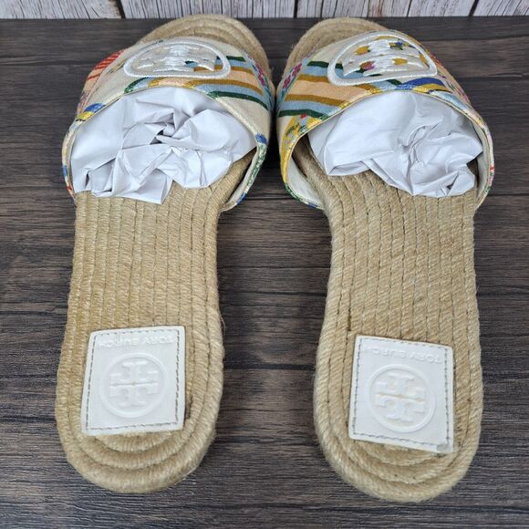Tory Burch Benton Open Toe Women's Sz 8.5 Espadrille Slides Ribbon Weave Floral - Picture 5 of 9